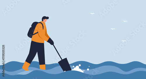 A dedicated environmentalist diligently cleans polluted waters, collecting debris to restore the natural beauty of the aquatic ecosystem.