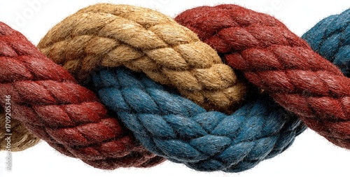 Close-up of three intertwined ropes in tan, red, and blue