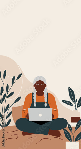 Focused person with braided hair working remotely on a laptop at home, surrounded by plants. Symbolizes freelance, online learning, and productivity.