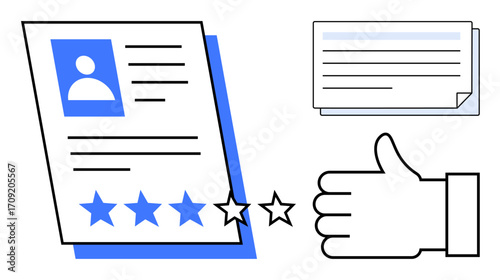 Profile page with star ratings, hand giving thumbs-up sign, document card. Ideal for user feedback, ratings, evaluations, performance reviews, recognition, quality assessment simple landing page