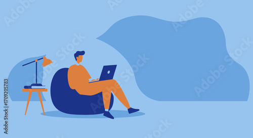 Man comfortably working or studying from home on a laptop, embodying remote work, online learning, or freelance lifestyle. Concepts of productivity and modern comfort.