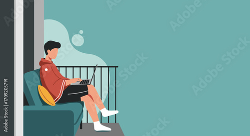 Illustration of a woman using her smartphone, showcasing digital connectivity and modern lifestyle. Ideal for technology, communication, and leisure themes.