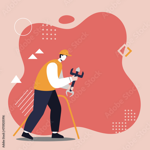 Professional technician or repairman holding a large wrench, symbolizing service, maintenance, and expert support. Ideal for business, industry, and helpful solutions.