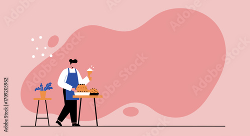 Illustrative baker or pastry chef preparing baked goods and a drink. Ideal for food, business, or lifestyle concepts, showcasing small business, culinary art, or catering.