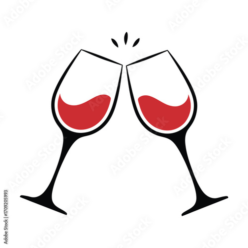 Two wine glasses filled with red wine clinking together in a toast celebration