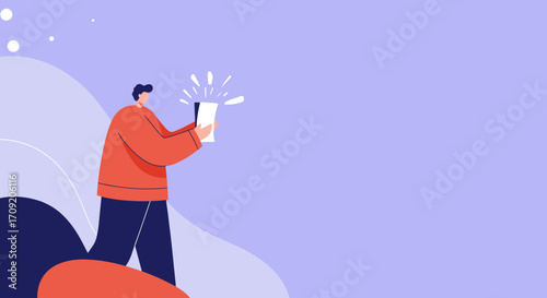 Man excitedly holding a shining mobile device, symbolizing innovation, digital connection, and modern communication in an abstract setting.