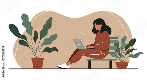Woman relaxing in a hammock with a laptop and headphones, enjoying remote work or leisure outdoors. Digital nomad lifestyle, comfort, and work-life balance concept.