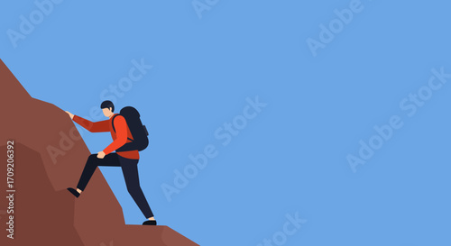 A determined man with a backpack climbs a rocky mountain, symbolizing challenge, perseverance, and outdoor adventure. Perfect for concepts of business growth or personal achievement.