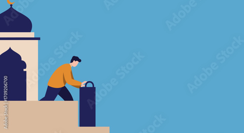 Man placing a bag at an Islamic mosque structure, symbolizing charity, religious giving, community support, or cultural contributions.