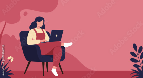 A young woman working remotely on her laptop, sitting comfortably on a beanbag chair at home, representing a flexible modern lifestyle.
