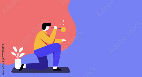 This modern flat illustration portrays a person kneeling and observing through a telescope, representing future vision, strategic planning, and focused discovery.