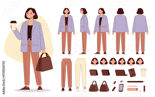 Casual business woman holding coffee cup and bag. Character constructor for animation. Front, side and back view set. Body parts, postures, poses collection. Vector illustration.