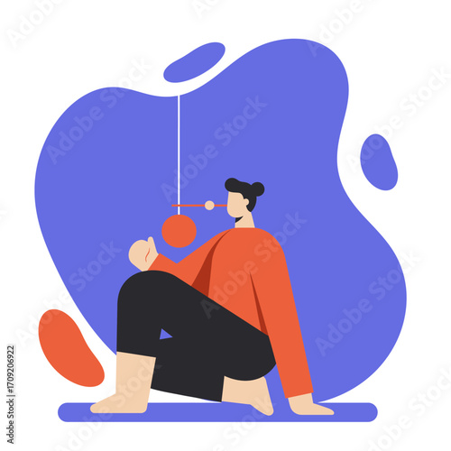 Stylized person concentrating on blowing to levitate a ball in a balancing game, illustrating focus, skill, and mindfulness.