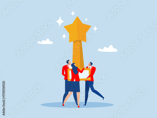 Winning award or success,Business team people celebrate help carry big winner trophy,teamwork collaborate work together to achieve business goal, vector