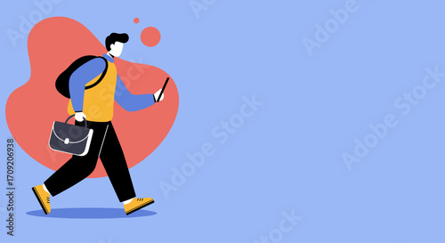 A stylish flat illustration features a busy individual walking, engrossed in a smartphone, carrying a backpack and briefcase, symbolizing modern urban multitasking.