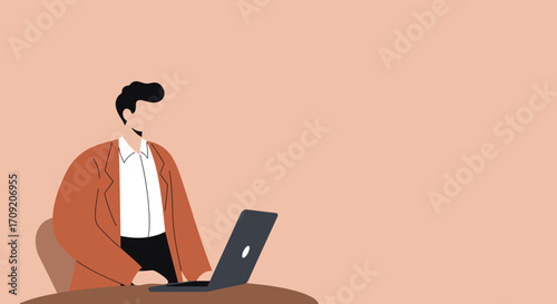 Professional man in a brown jacket working diligently on his laptop at a desk. Ideal for business, remote work, technology, or productivity concepts.