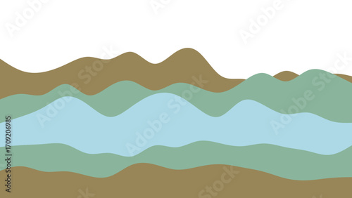 Minimalist layered landscape with tranquil hills, green valleys, and blue river. Ideal for nature, environment, or travel concepts and backgrounds.