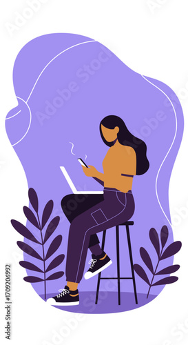 Young woman balancing work on laptop and smartphone, illustrating remote work, digital communication, and online lifestyle. Perfect for business and technology themes.