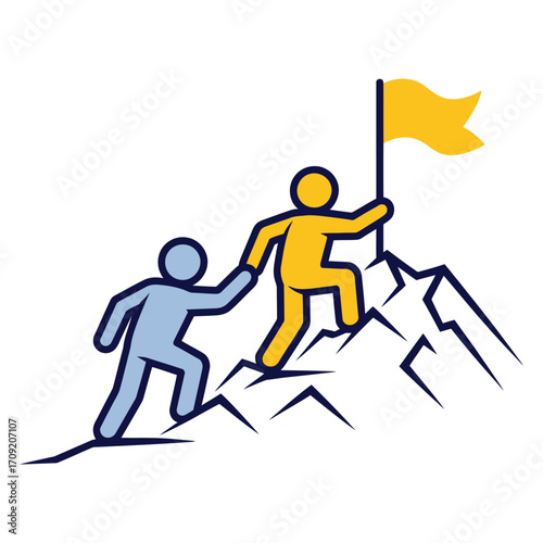 Two stick figures climbing a mountain together reaching for a flag symbolizing teamwork and success