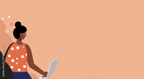An illustration of a focused woman with glasses using a laptop, embodying remote work, online learning, or digital creativity on a clean, minimalist background.