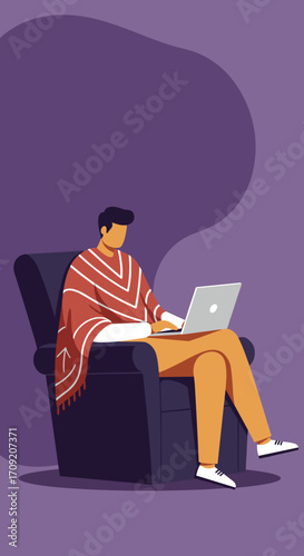 A man in a cozy poncho works diligently on his laptop from the comfort of an armchair, embodying modern remote work flexibility and digital lifestyle.