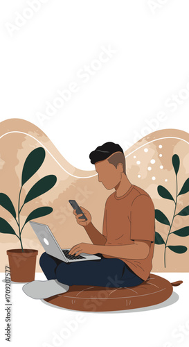 A young man sits comfortably on a floor cushion, focused on multitasking with his laptop and smartphone in a modern, plant-filled, minimalist environment.