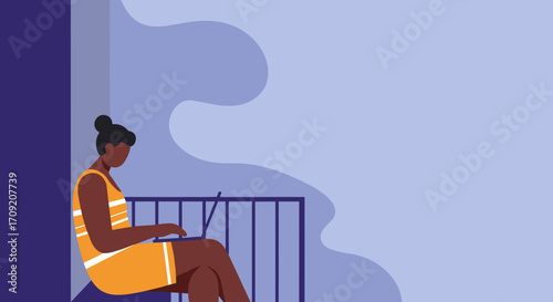 A focused Black woman diligently works on her laptop from the comfort of her home, embodying the modern remote work lifestyle through a vibrant vector illustration.