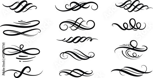 Elegant black swashes and flourishes collection decorative calligraphic elements on transparent background