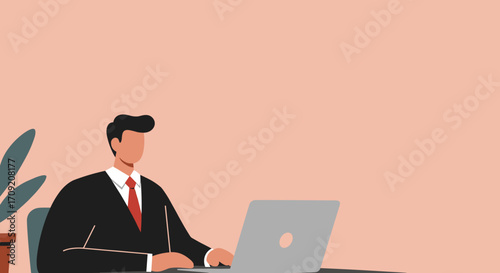 An elegant professional in a sharp suit diligently works on a laptop at a contemporary desk, representing modern business, productivity, and corporate success.