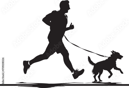 A man running with dog, full body clean simple silhouette