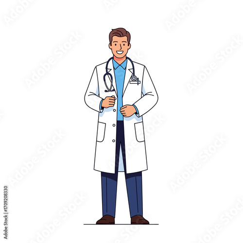 Vector Illustration of Doctor in White Coat with Stethoscope | Medical Professional, Healthcare Worker, Flat Design, Clean White Background