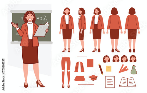 Female teacher near school board. Character constructor for animation. Front, side and back view set. Body parts, postures, poses collection. Vector illustration.