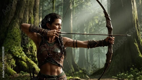 female archer aiming bow deep forest