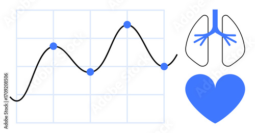 Line graph tracking data trends beside heart and lung icons symbolizing health metrics. Ideal for healthcare analysis, medical monitoring, wellness apps, research, diagnostics, fitness, simple