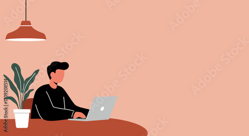 Man working on laptop from a modern balcony amidst vibrant plants, illustrating remote work, flexible lifestyle, and digital productivity.