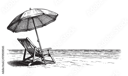 Beach Chair with Umbrella Hand-Drawn Sketch