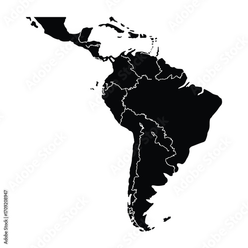 Detailed topographic map silhouette of south america and central america