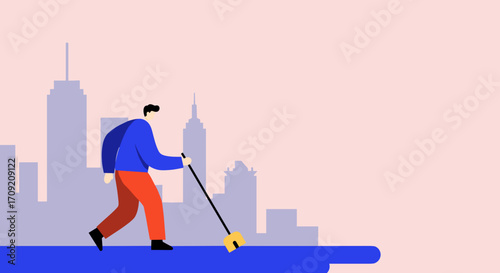 A visually impaired person confidently navigates an urban environment using a white cane, symbolizing independence and accessibility in modern city life.