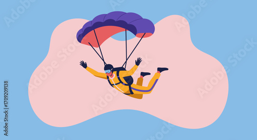 A skydiver in a yellow jumpsuit descends with a colorful parachute, symbolizing freedom, adventure, and overcoming challenges. Great for sports, travel, and lifestyle themes.