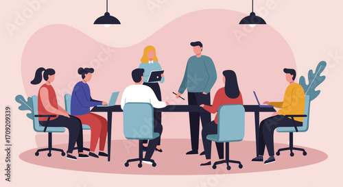 Diverse business team collaborating in a modern office meeting, discussing strategies and ideas. Perfect for corporate, teamwork, or startup themes.