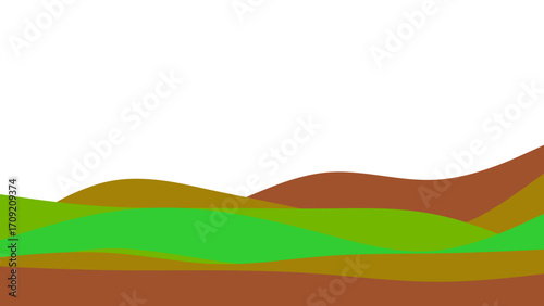 Abstract minimalist landscape illustration with rolling green and brown hills under a clear sky, ideal for nature, environment, or serene design concepts.