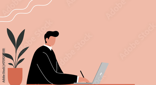 Focused man working on a laptop with a stylus in a modern office. Ideal for business, remote work, or technology concepts.