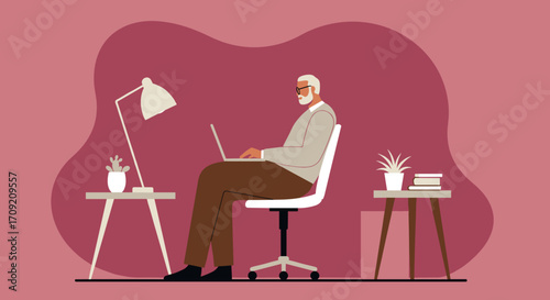 Person working remotely on a laptop at home. Illustrates freelance, online education, or modern digital lifestyle and productivity. Ideal for business and technology themes.