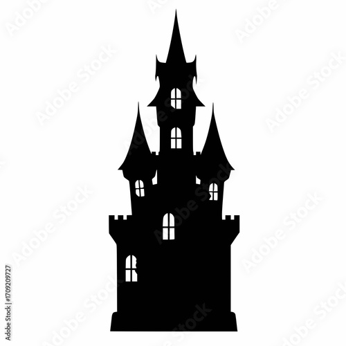 solid black vector silhouette of a haunted castle turret with broken windows, halloween theme, white background