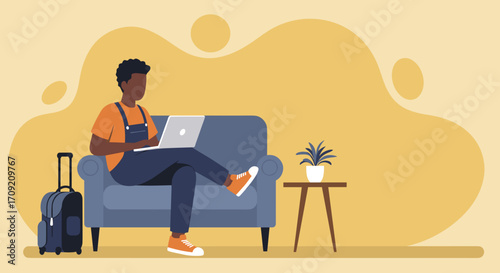 Person working comfortably on a laptop from home. Depicts remote work, online learning, or freelance lifestyle in a cozy, modern setting.