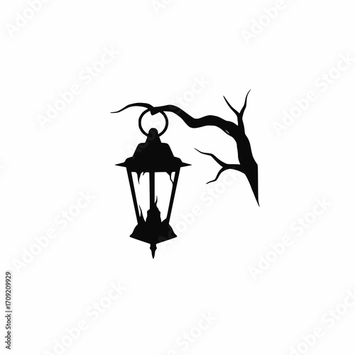 solid black vector silhouette of a ghostly lantern hanging from twisted tree branch, white background