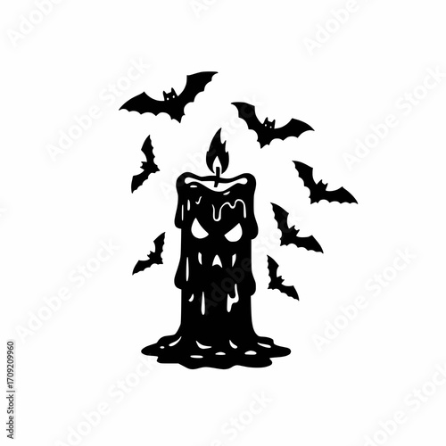 solid black vector silhouette of a creepy candle with melting wax and tiny bats around, white background