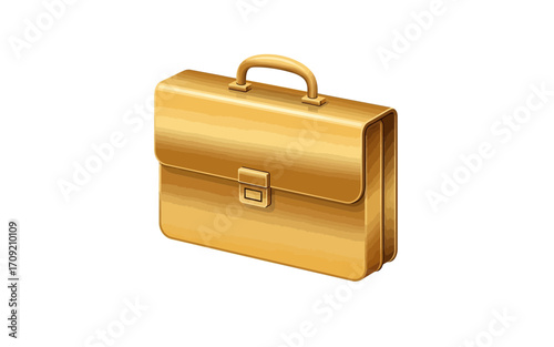 A golden briefcase with a handle and a clasp, standing upright and casting a slight shadow on the white surface