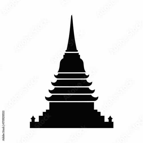solid black vector silhouette of a golden pagoda style temple, simple minimal outline, white background