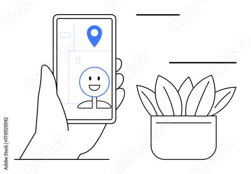 Smartphone displaying map with location pin and happy face held by hand near potted plant. Ideal for navigation, technology, apps, minimalism, eco-lifestyle, social interaction, digital user